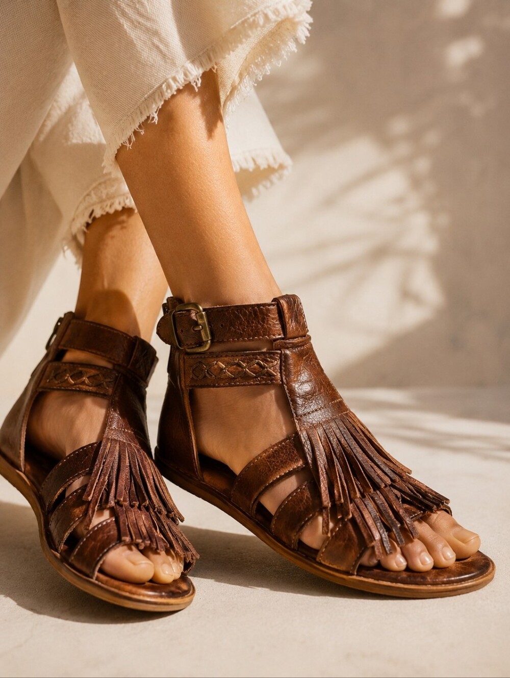 Bed Stu Alena Brown Leather Fringe Gladiator Sandals Size 6 Boho Festival Shoes